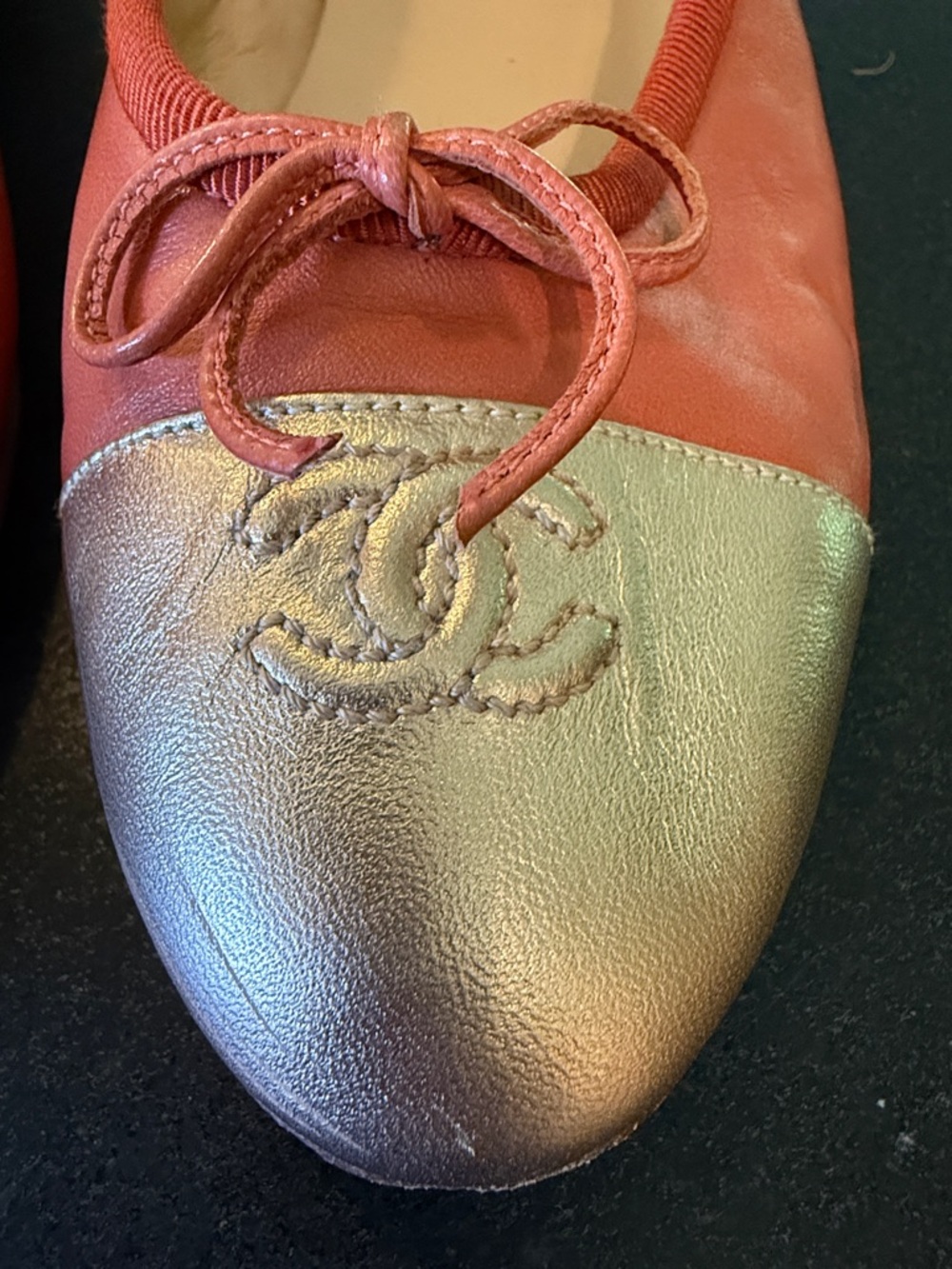CHANEL Coral and Silver Leather Cap-Toe Ballet Flats - Picture 17 of 17